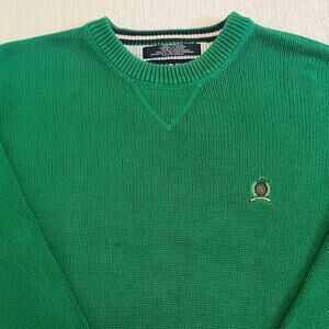 VTG L Tommy Hilfiger Crest Sweater Green Cotton Knit Crewneck Size tag Missing